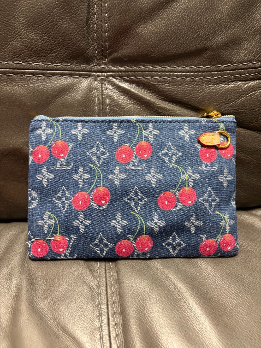 Designer Denim Cherry Print Pouch in Blue and Red